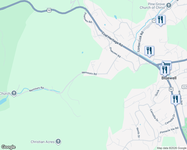 map of restaurants, bars, coffee shops, grocery stores, and more near 425 Jimmy Lewis Lake in Bluefield
