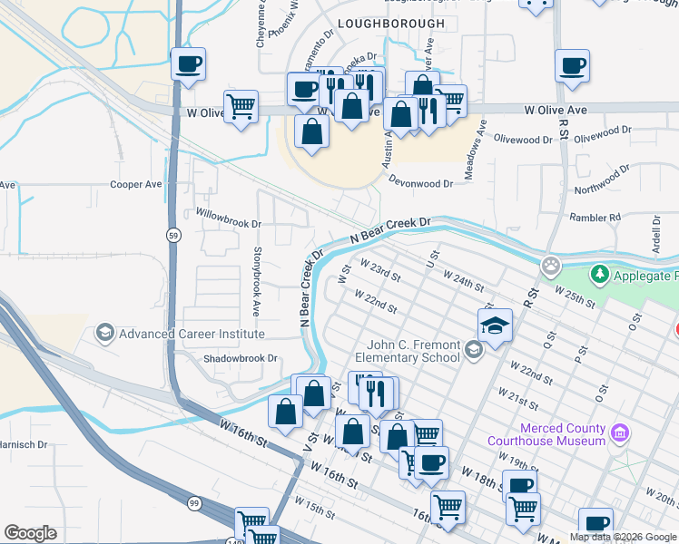 map of restaurants, bars, coffee shops, grocery stores, and more near 2215 W Street in Merced