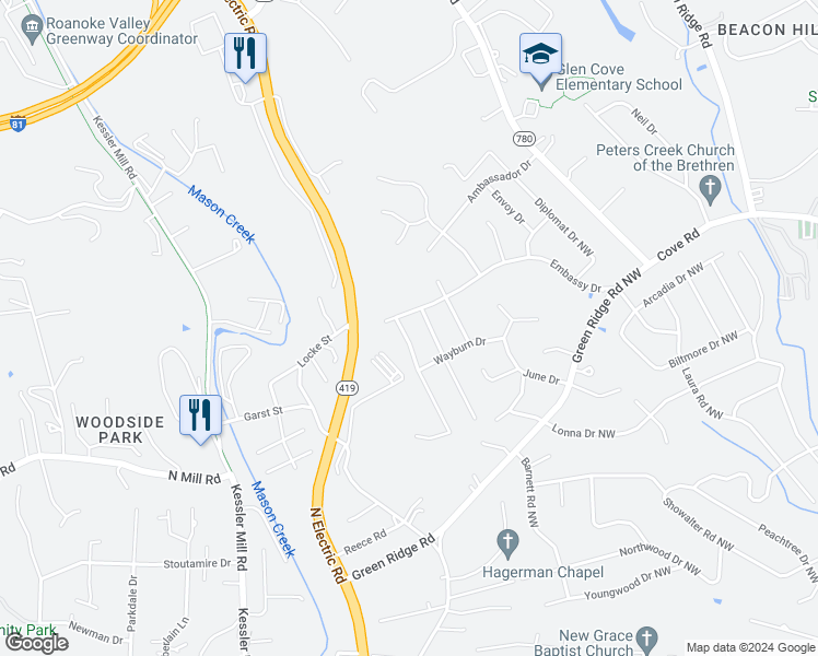 map of restaurants, bars, coffee shops, grocery stores, and more near 2041 Governor Drive in Roanoke