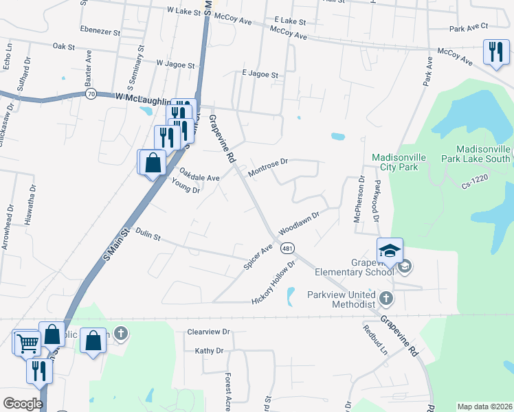 map of restaurants, bars, coffee shops, grocery stores, and more near 998 Grapevine Road in Madisonville