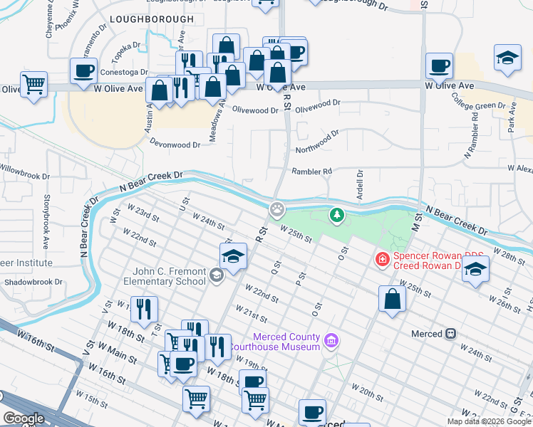 map of restaurants, bars, coffee shops, grocery stores, and more near 1050 West 25th Street in Merced