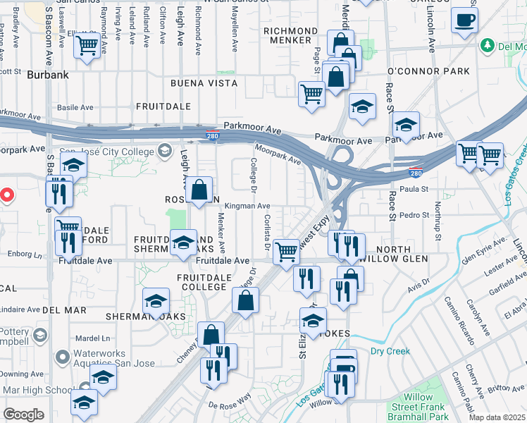 map of restaurants, bars, coffee shops, grocery stores, and more near 804 Corlista Drive in San Jose