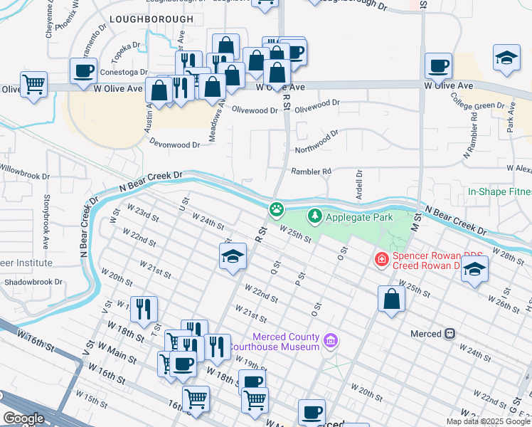 map of restaurants, bars, coffee shops, grocery stores, and more near 2525 R Street in Merced