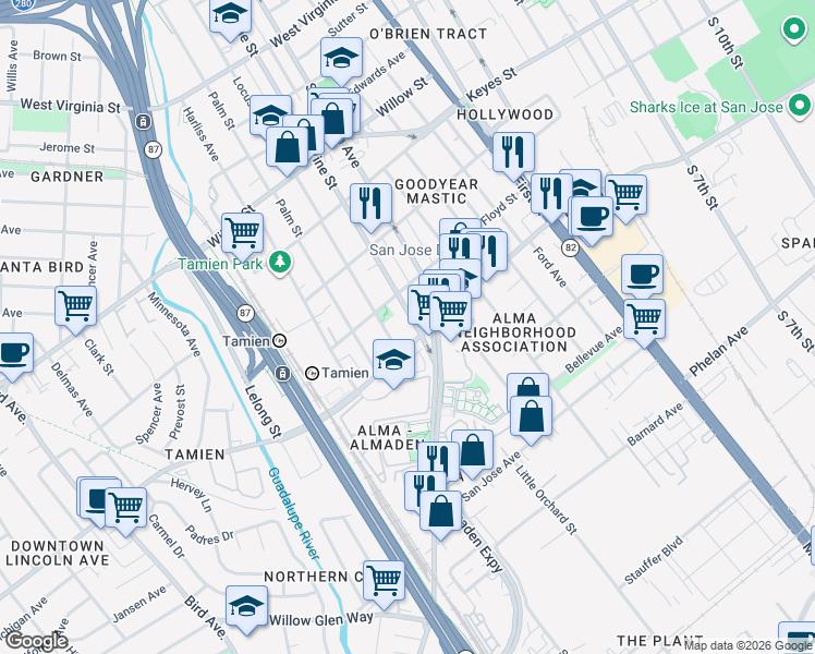 map of restaurants, bars, coffee shops, grocery stores, and more near 1365 Vine Street in San Jose