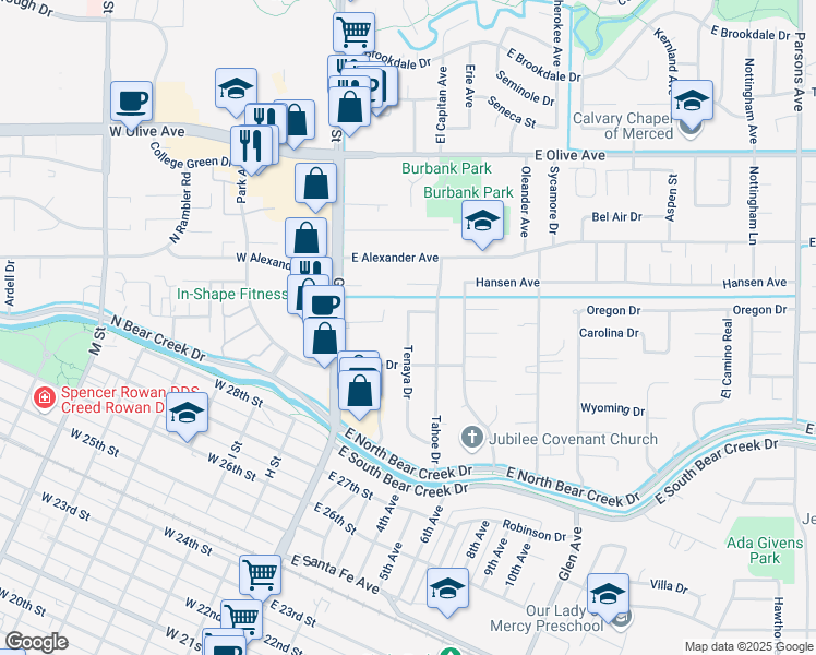 map of restaurants, bars, coffee shops, grocery stores, and more near 2918 Tenaya Drive in Merced