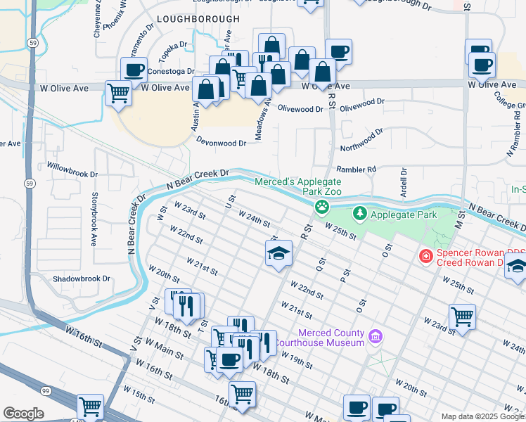 map of restaurants, bars, coffee shops, grocery stores, and more near 1253 West Santa Fe Avenue in Merced
