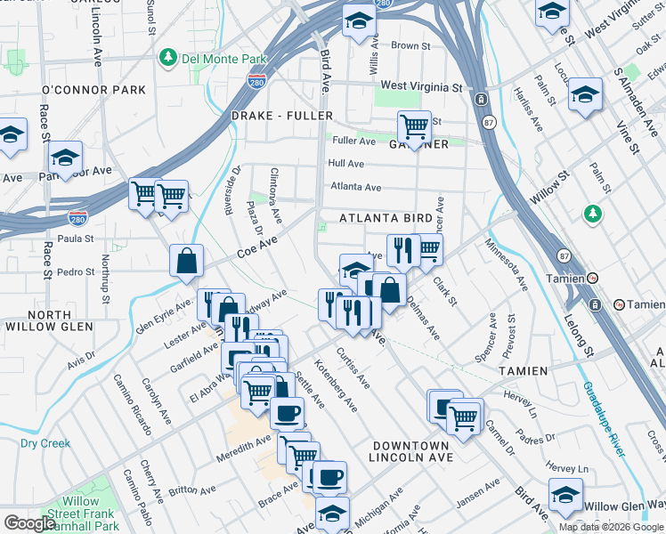 map of restaurants, bars, coffee shops, grocery stores, and more near 1061 Bird Avenue in San Jose