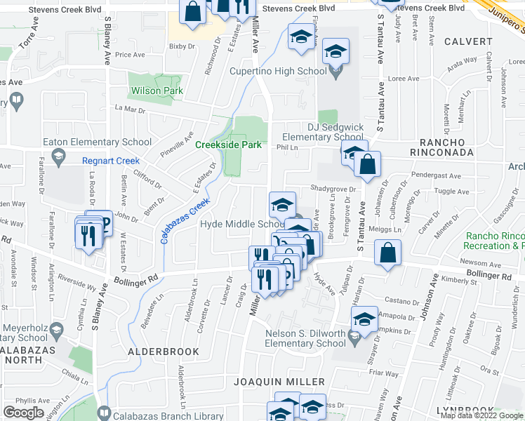 map of restaurants, bars, coffee shops, grocery stores, and more near 861 Miller Avenue in Cupertino