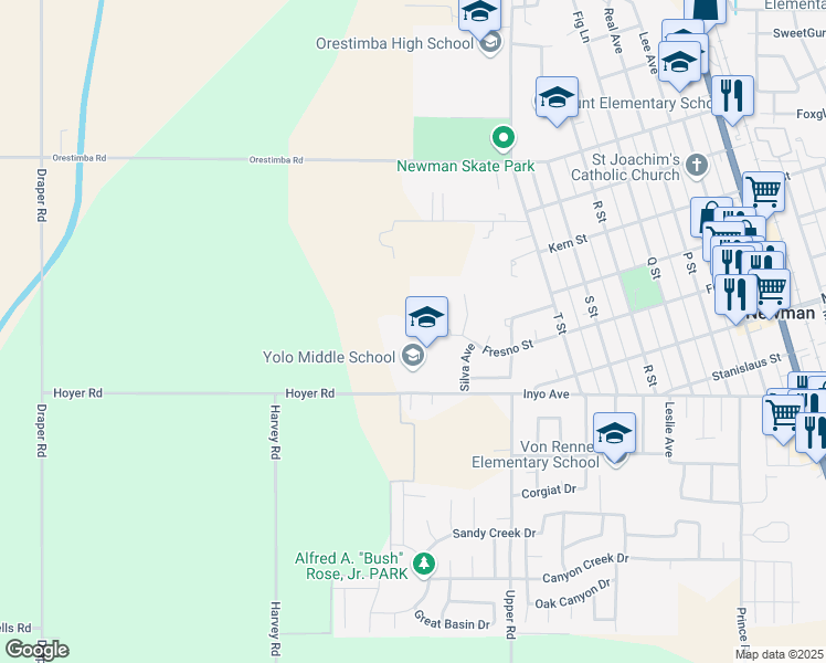 map of restaurants, bars, coffee shops, grocery stores, and more near 901 Hoyer Road in Newman