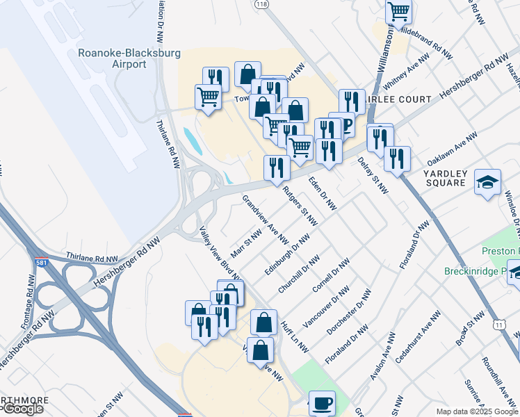 map of restaurants, bars, coffee shops, grocery stores, and more near 2601 Hebert Street Northwest in Roanoke