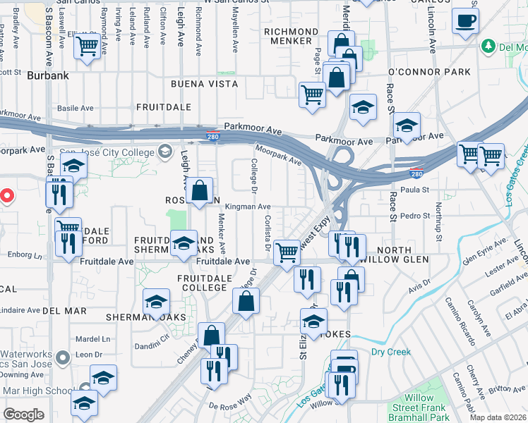 map of restaurants, bars, coffee shops, grocery stores, and more near 804 Corlista Drive in San Jose