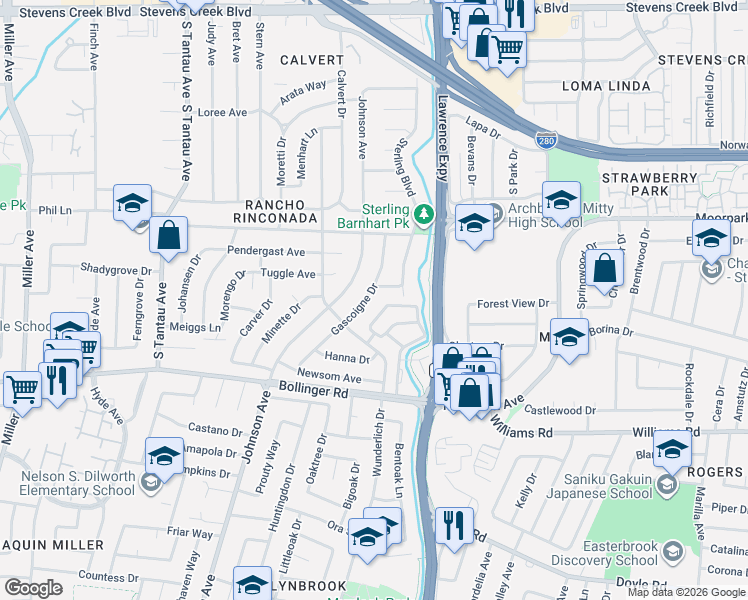 map of restaurants, bars, coffee shops, grocery stores, and more near 18416 Chelmsford Drive in Cupertino