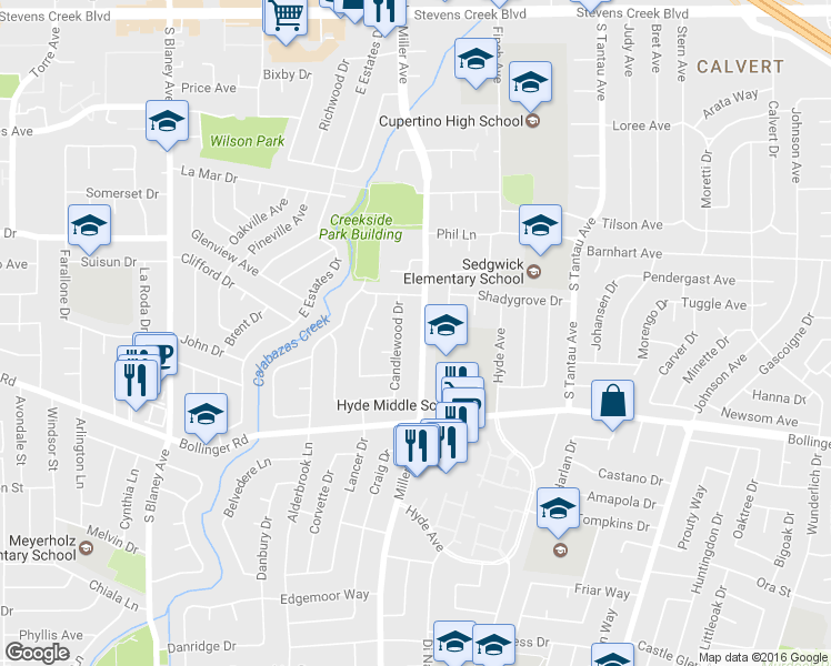 map of restaurants, bars, coffee shops, grocery stores, and more near 892 Miller Avenue in Cupertino