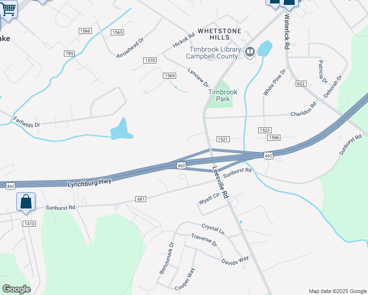 map of restaurants, bars, coffee shops, grocery stores, and more near U.S. 460 in Timberlake