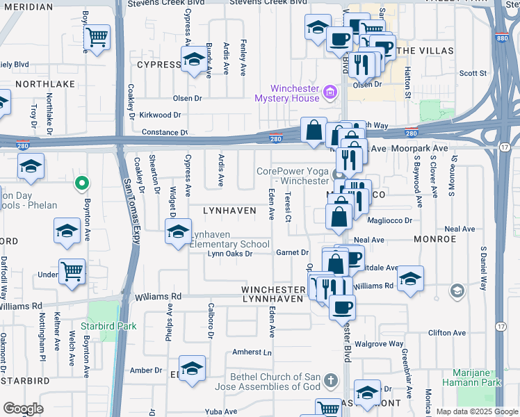 map of restaurants, bars, coffee shops, grocery stores, and more near 764 Onyx Court in San Jose