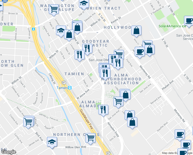 map of restaurants, bars, coffee shops, grocery stores, and more near 1365 Vine Street in San Jose