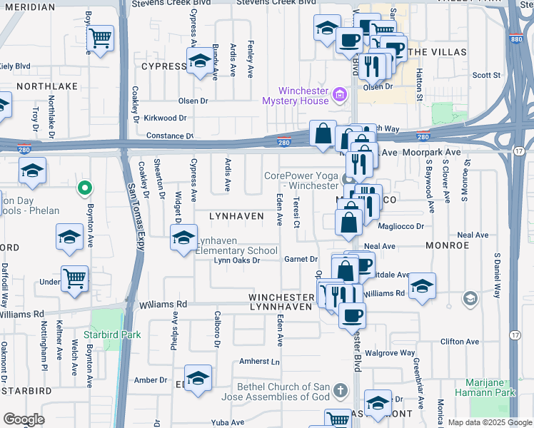 map of restaurants, bars, coffee shops, grocery stores, and more near 764 Onyx Court in San Jose