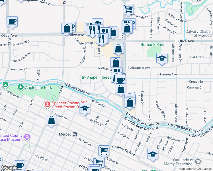 map of restaurants, bars, coffee shops, grocery stores, and more near 2825 Park Avenue in Merced