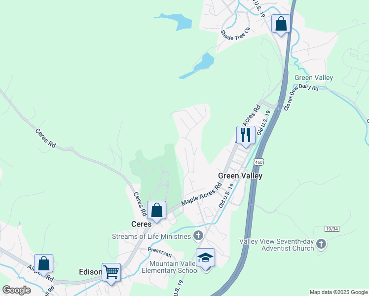 map of restaurants, bars, coffee shops, grocery stores, and more near 350 Blue Spruce Lane in Bluefield
