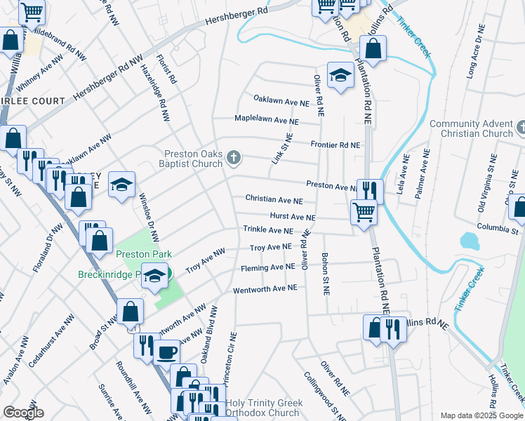 map of restaurants, bars, coffee shops, grocery stores, and more near 132 Hurst Avenue Northeast in Roanoke