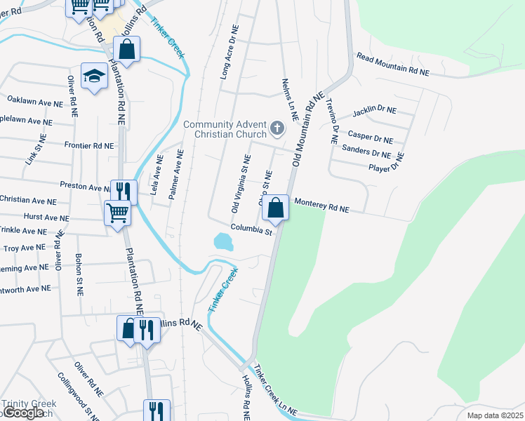 map of restaurants, bars, coffee shops, grocery stores, and more near 4327 Ohio Street Northeast in Roanoke