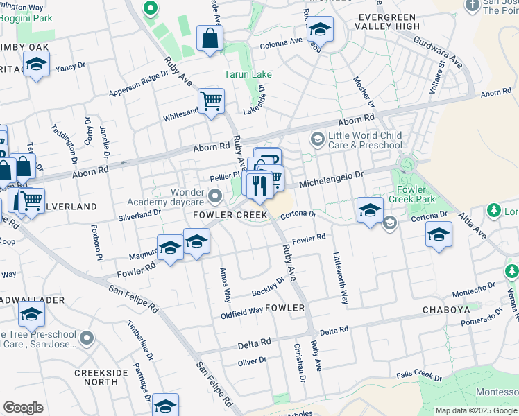map of restaurants, bars, coffee shops, grocery stores, and more near 4035 Evergreen Village Square in San Jose