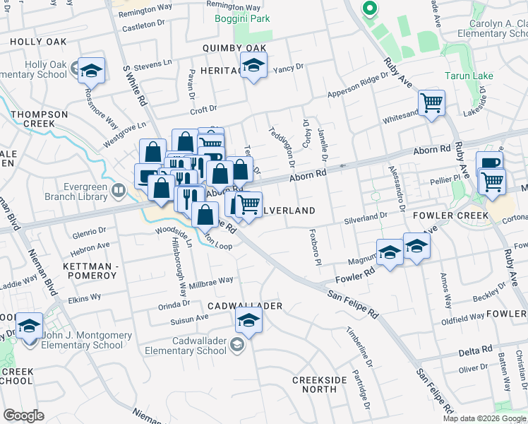 map of restaurants, bars, coffee shops, grocery stores, and more near 2937 Silverland Court in San Jose
