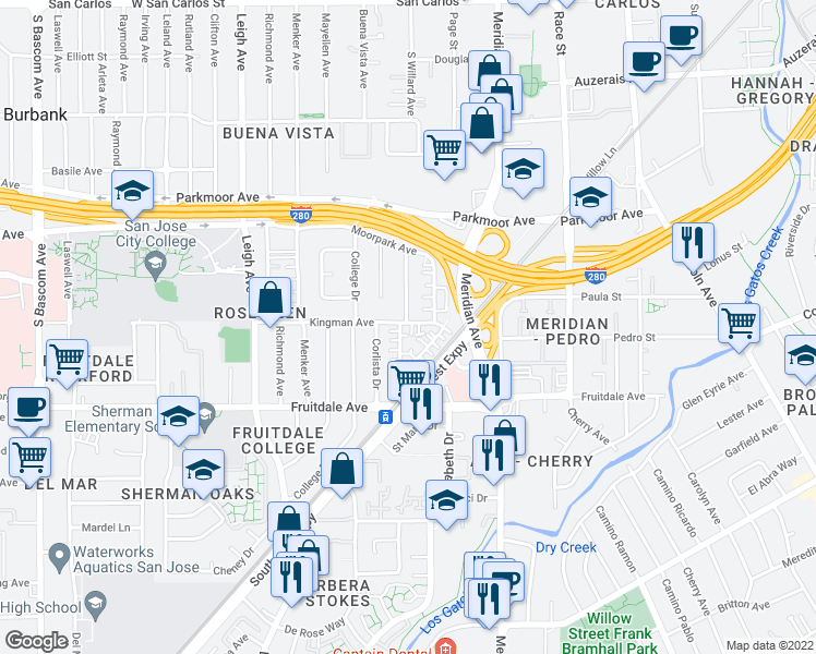 map of restaurants, bars, coffee shops, grocery stores, and more near 807 Deland Avenue in San Jose