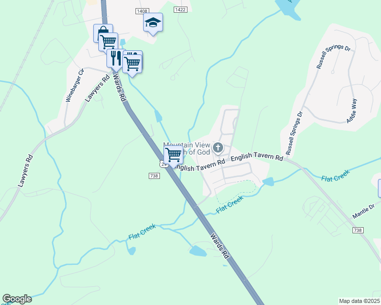 map of restaurants, bars, coffee shops, grocery stores, and more near 2721 English Tavern Road in Lynchburg