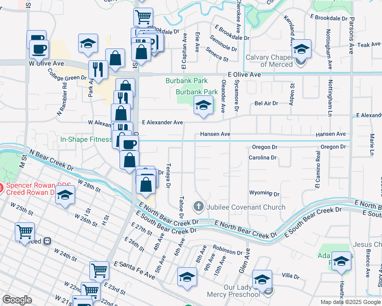 map of restaurants, bars, coffee shops, grocery stores, and more near 2943 Wainwright Avenue in Merced