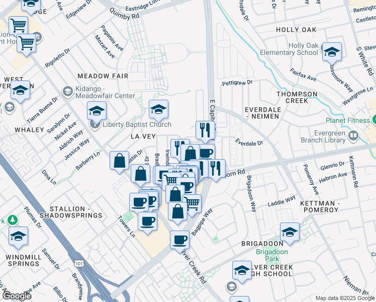 map of restaurants, bars, coffee shops, grocery stores, and more near 2932 Aborn Square Road in San Jose