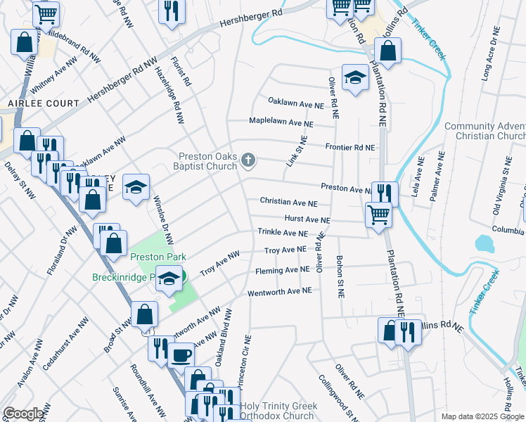 map of restaurants, bars, coffee shops, grocery stores, and more near 116 Hurst Avenue Northeast in Roanoke