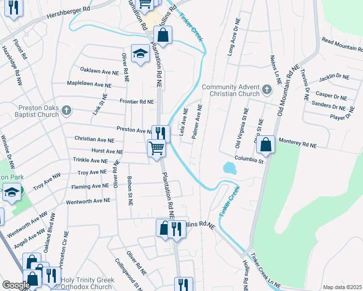 map of restaurants, bars, coffee shops, grocery stores, and more near 4231 Lela Avenue Northeast in Roanoke