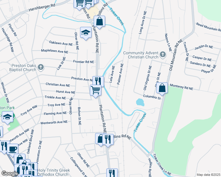 map of restaurants, bars, coffee shops, grocery stores, and more near 4231 Lela Avenue Northeast in Roanoke
