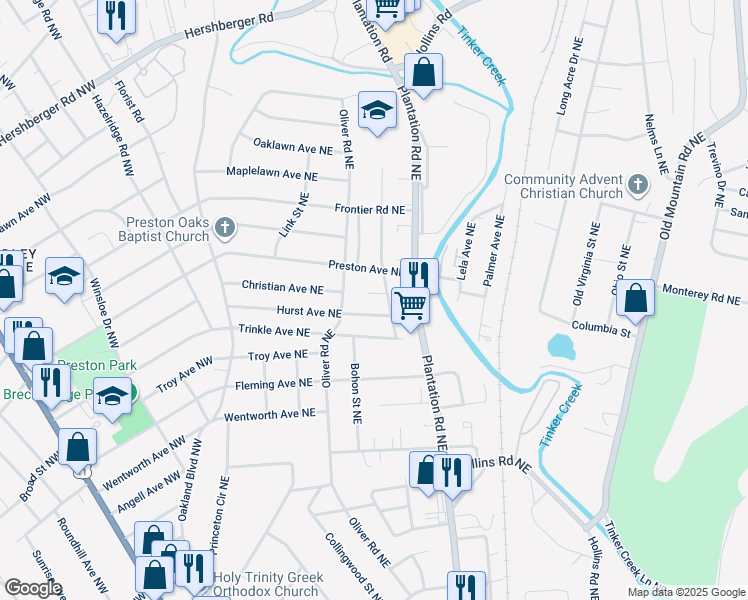 map of restaurants, bars, coffee shops, grocery stores, and more near 229 Christian Avenue Northeast in Roanoke
