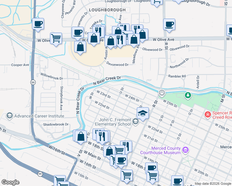 map of restaurants, bars, coffee shops, grocery stores, and more near 2303 U Street in Merced