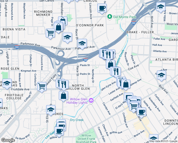 map of restaurants, bars, coffee shops, grocery stores, and more near 913 Delbert Way in San Jose