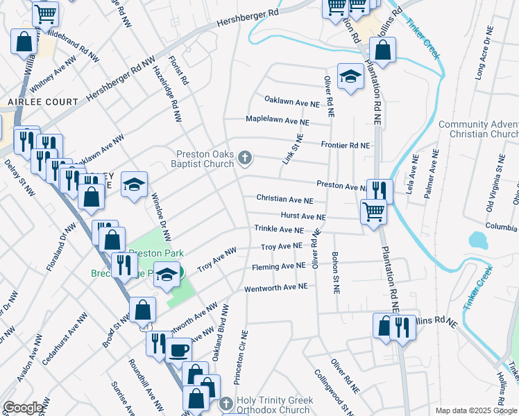 map of restaurants, bars, coffee shops, grocery stores, and more near 116 Hurst Avenue Northeast in Roanoke