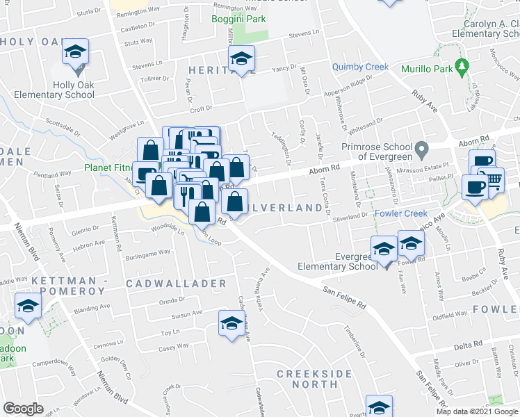 map of restaurants, bars, coffee shops, grocery stores, and more near 2831 Riedel Road in San Jose