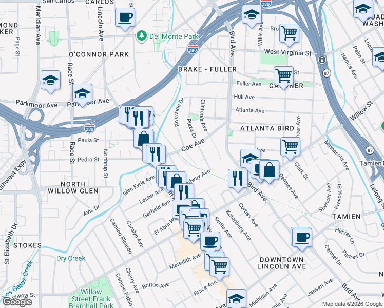 map of restaurants, bars, coffee shops, grocery stores, and more near in San Jose
