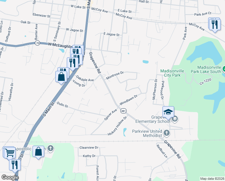 map of restaurants, bars, coffee shops, grocery stores, and more near 928-998 Grapevine Road in Madisonville