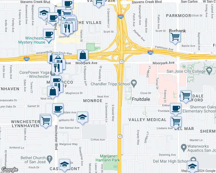 map of restaurants, bars, coffee shops, grocery stores, and more near 784 South Genevieve Lane in San Jose