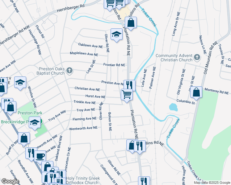 map of restaurants, bars, coffee shops, grocery stores, and more near 229 Christian Avenue Northeast in Roanoke