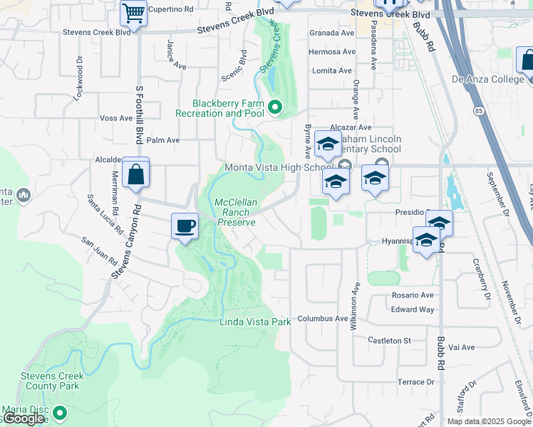 map of restaurants, bars, coffee shops, grocery stores, and more near 22204 McClellan Road in Cupertino