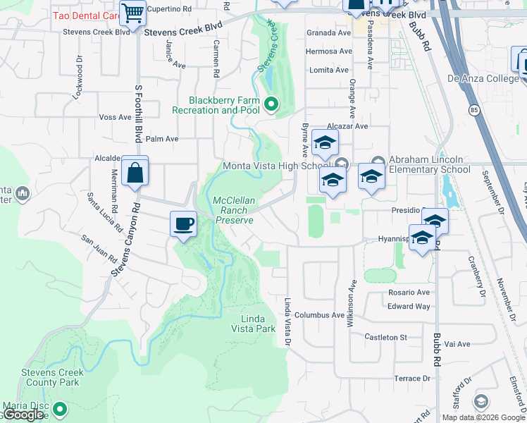 map of restaurants, bars, coffee shops, grocery stores, and more near 22204 McClellan Road in Cupertino
