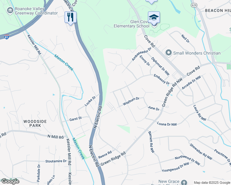 map of restaurants, bars, coffee shops, grocery stores, and more near 3023-3025 Embassy Drive in Roanoke