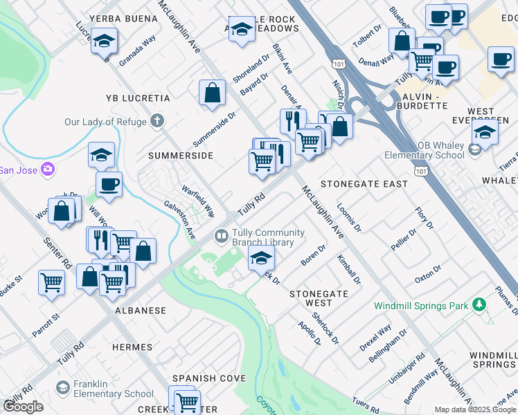 map of restaurants, bars, coffee shops, grocery stores, and more near 995 Tully Road in San Jose