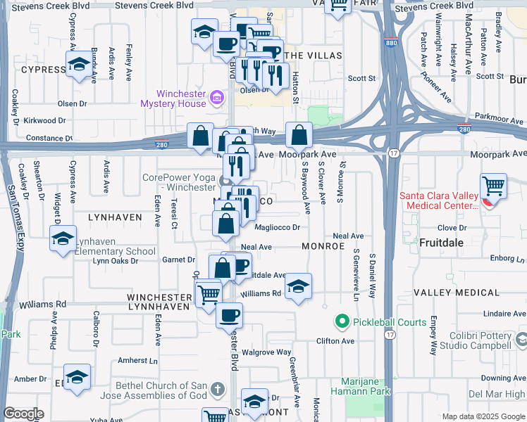 map of restaurants, bars, coffee shops, grocery stores, and more near 3101 Magliocco Drive in San Jose
