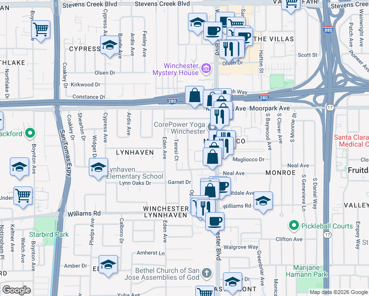 map of restaurants, bars, coffee shops, grocery stores, and more near 737 Opal Drive in San Jose