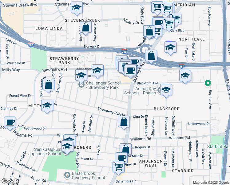 map of restaurants, bars, coffee shops, grocery stores, and more near 717 Hickory Way in San Jose